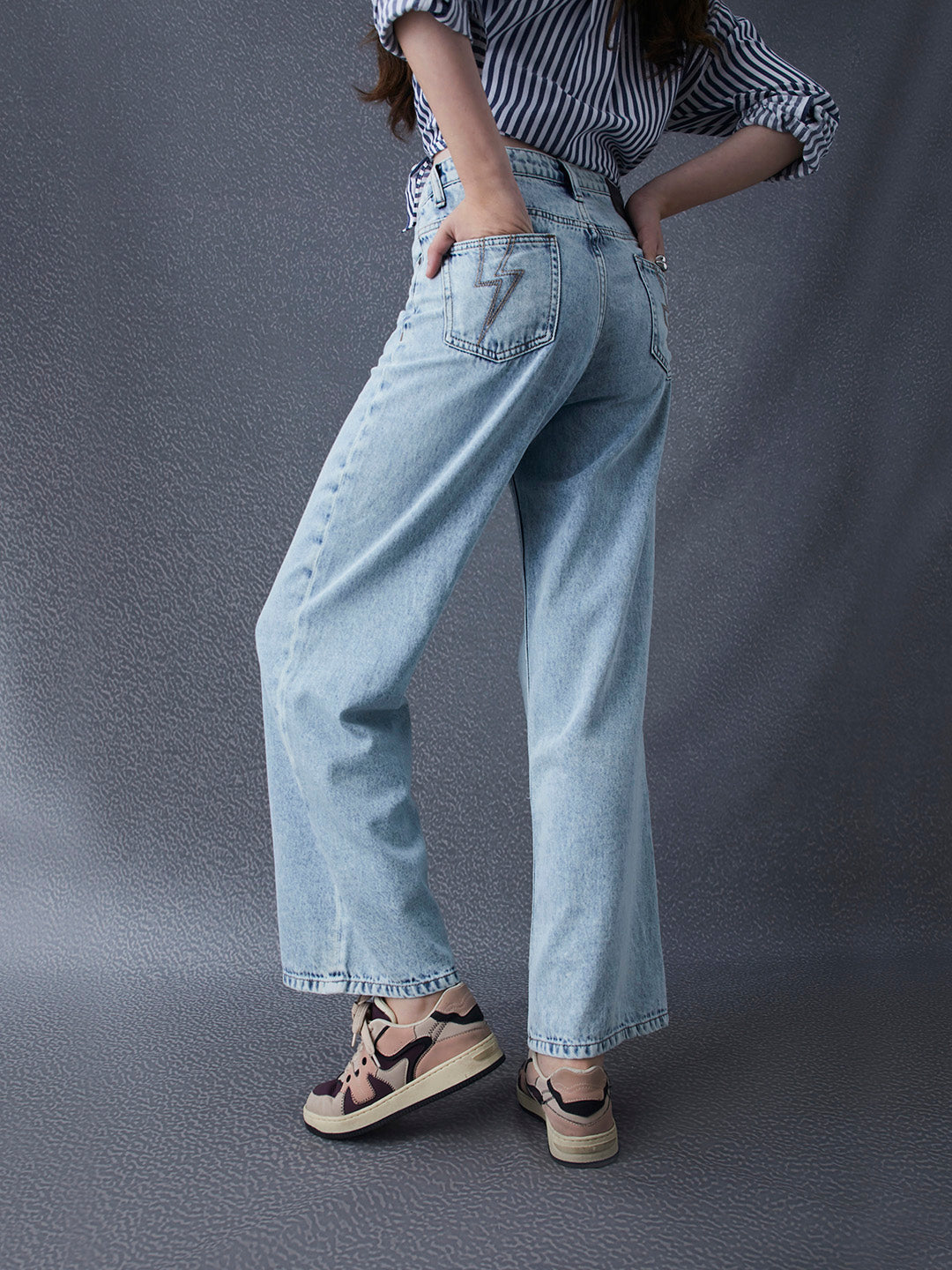 Women Wide Leg Destruction Washed High Waist Cotton Indigo Jeans