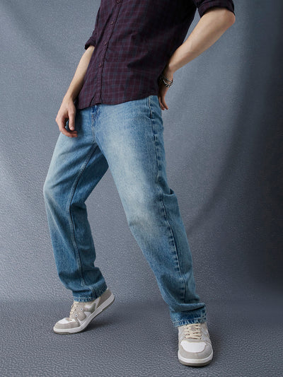 Men Straight Fit Heavy Washed Cotton Indigo Jeans