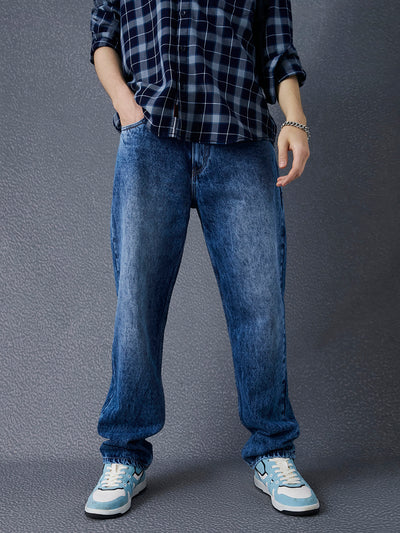 Men Straight Fit Heavy Washed Cotton Indigo Jeans