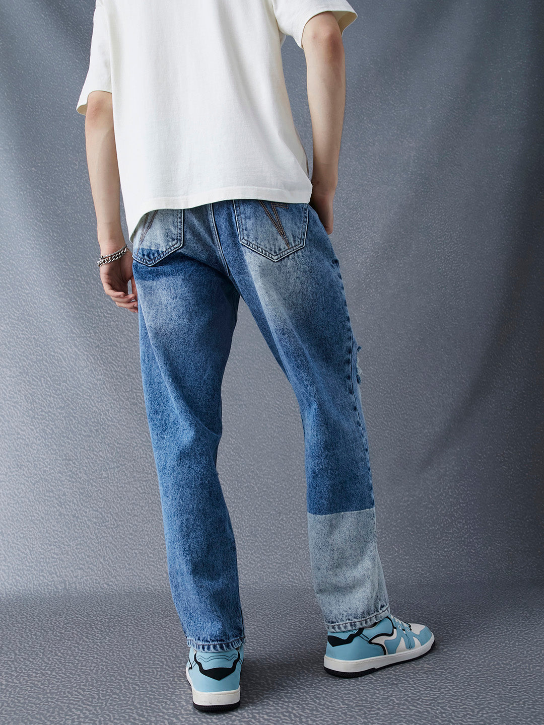 Men Relax Wide Leg Cotton Distress Washed Stylised Street Look Indigo Jeans