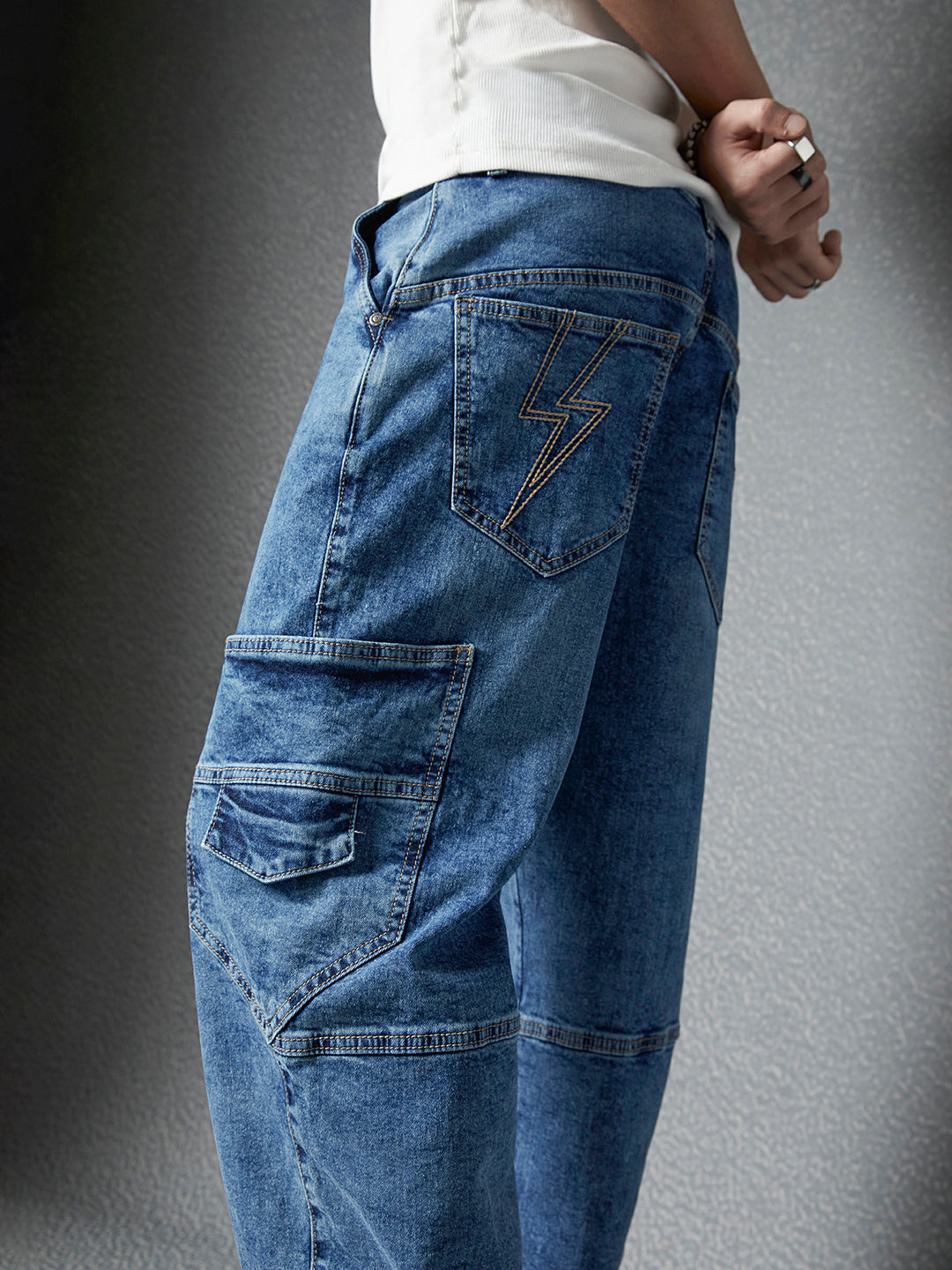 Men Premium Cototn Stretch Indigo Loose Fit Stylised Pocket Denim Cargo