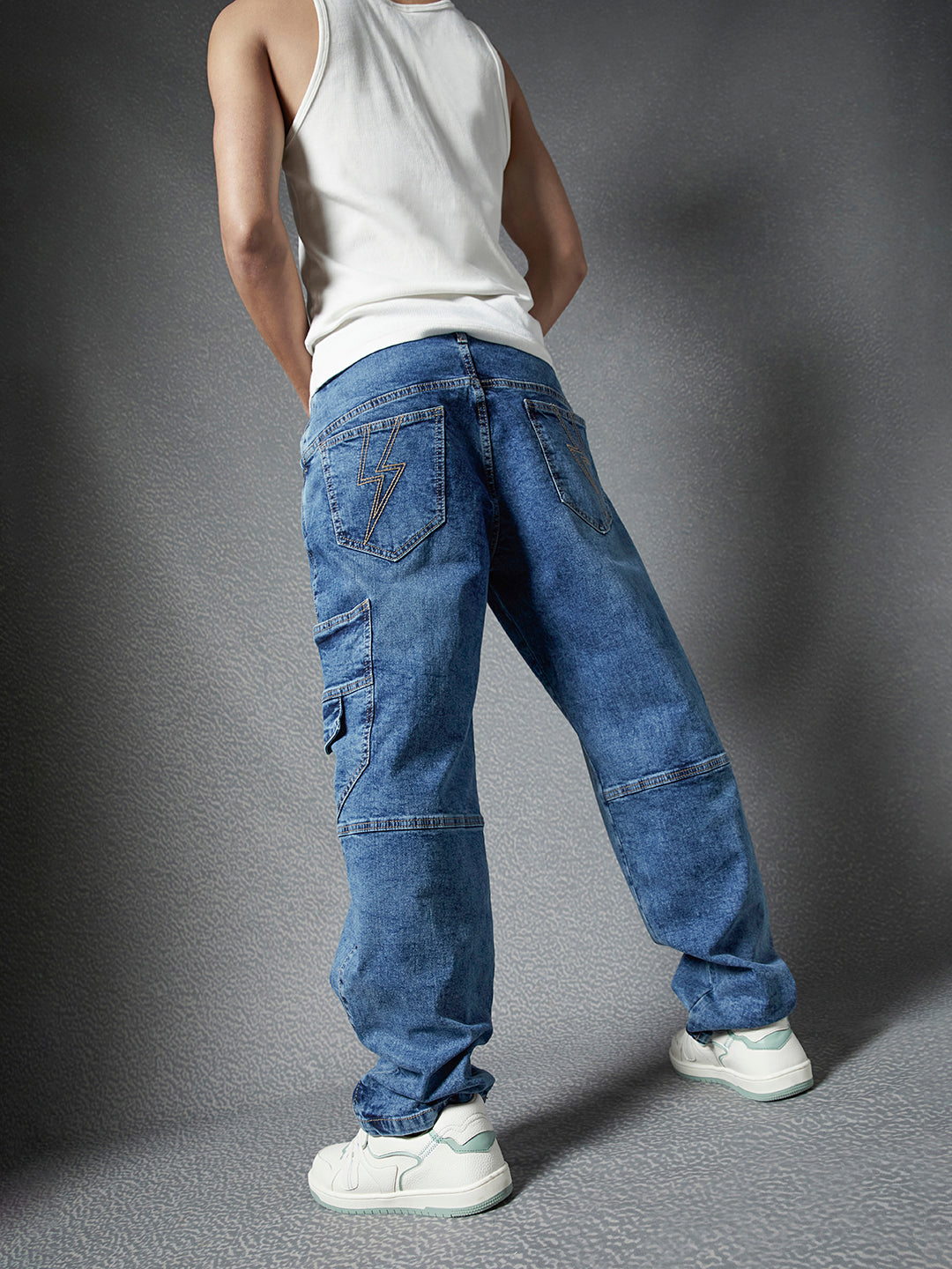 Men Premium Cototn Stretch Indigo Loose Fit Stylised Pocket Denim Cargo