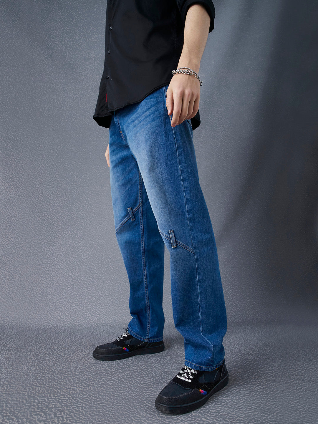 Men Premium Cototn Stretch Indigo Loose Fit Stylised Panel Stitched Jeans