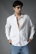 Men Premium Relaxed Fit Pleat Textured White Cotton Stretch Casual Shirt