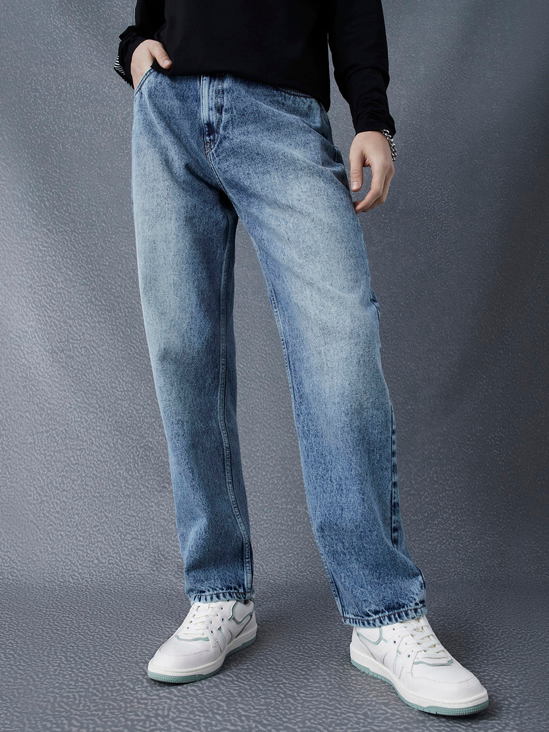 Men Straight Fit Heavy Washed Cotton Indigo Jeans