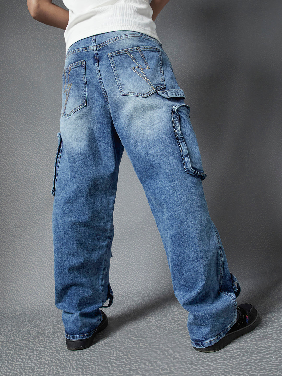 Men Premium Baggy Fit 8 Pocket Cotton Stretch Street Look Indigo Denim Cargo