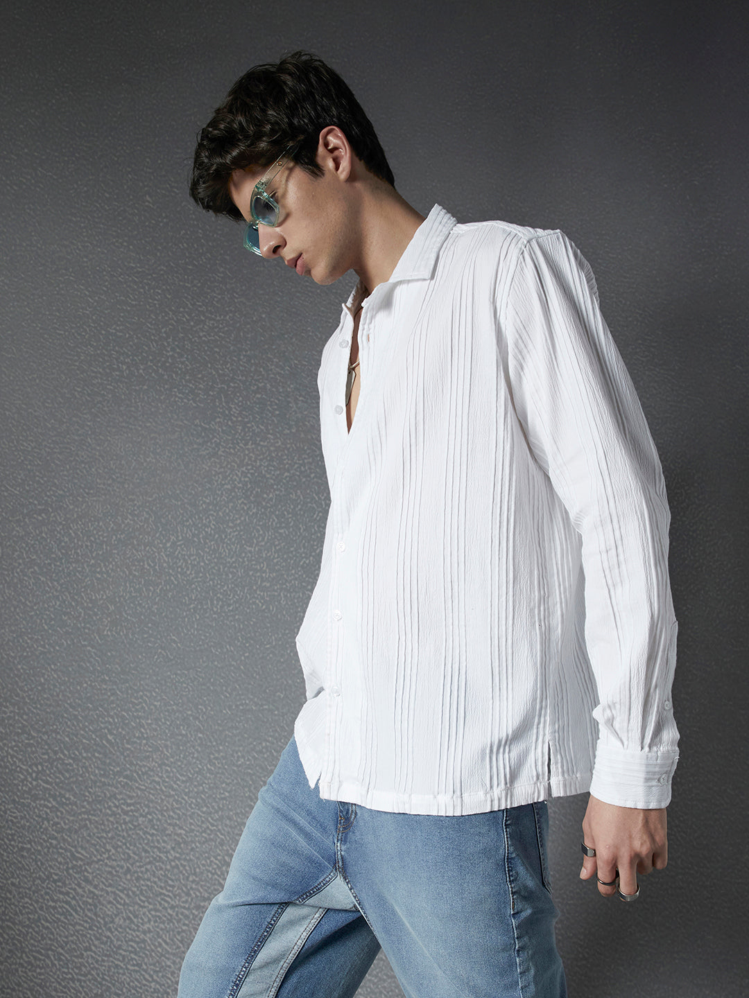 Men Premium Relaxed Fit Pleat Textured White Cotton Stretch Casual Shirt