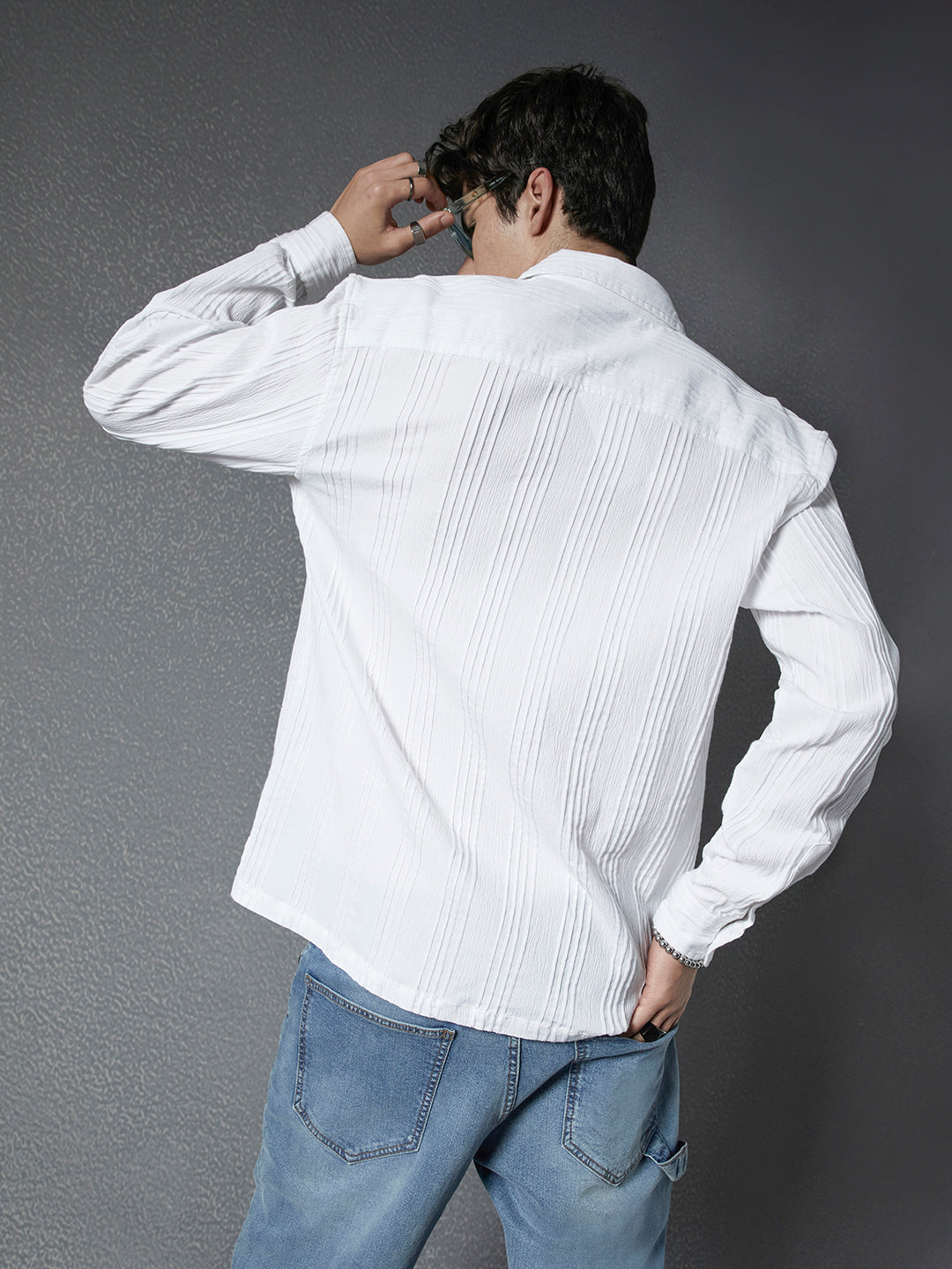 Men Premium Relaxed Fit Pleat Textured White Cotton Stretch Casual Shirt