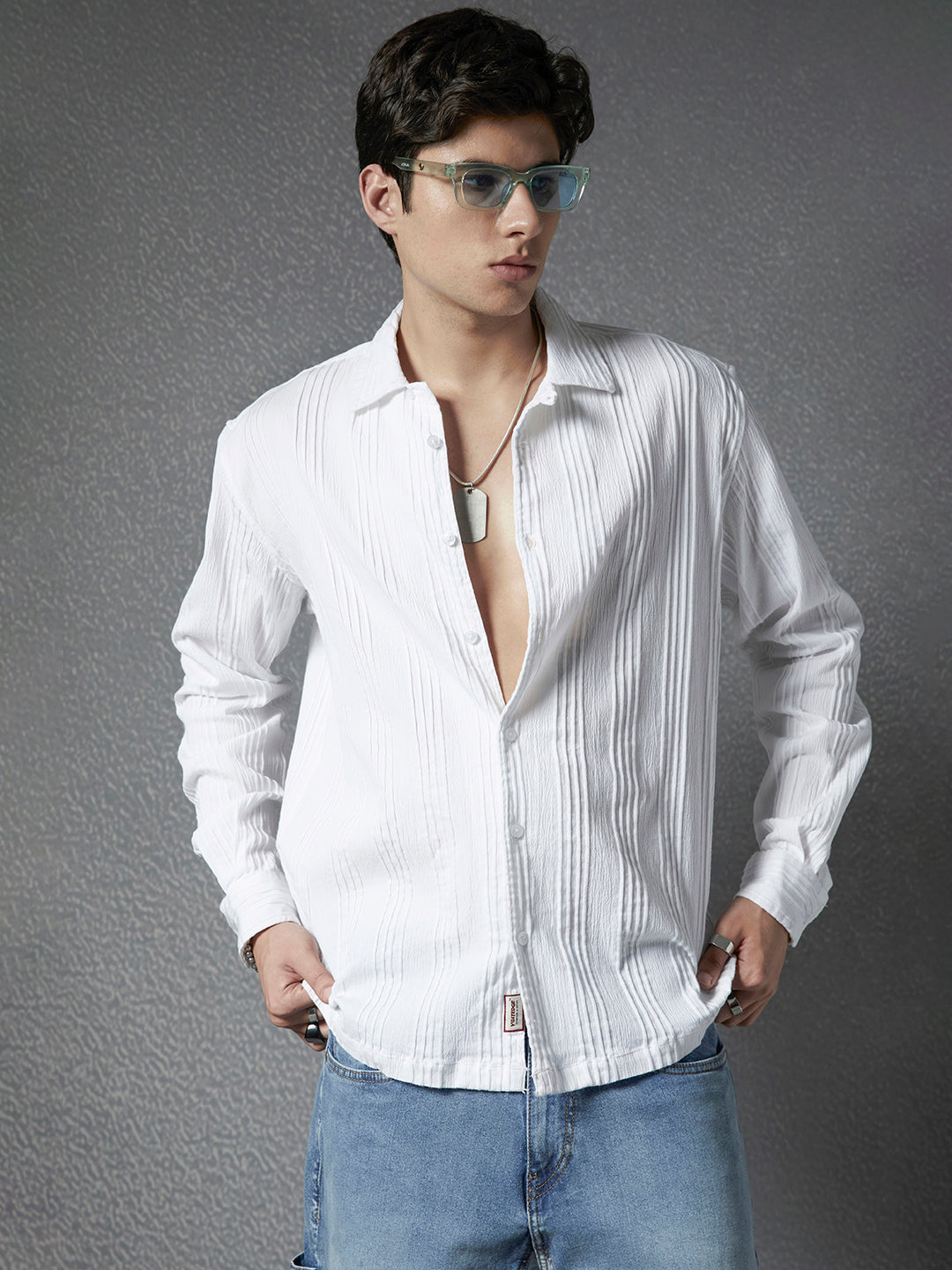 Men Premium Relaxed Fit Pleat Textured White Cotton Stretch Casual Shirt